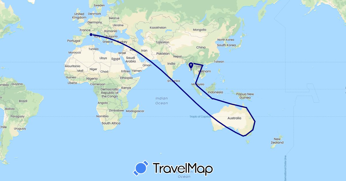 TravelMap itinerary: driving in Australia, France, Indonesia, Myanmar (Burma), Malaysia, Vietnam (Asia, Europe, Oceania)